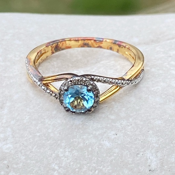 Danbury Mint Blue Topaz Diamond ring gold plated Sterling silver - Picture 4 of 9